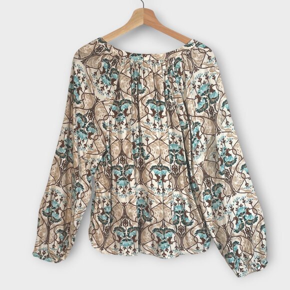 LOFT V-neck Popover BlouseTop LARGE Eclectic Boho Earth Tone Teal Accent NEW - Picture 3 of 8
